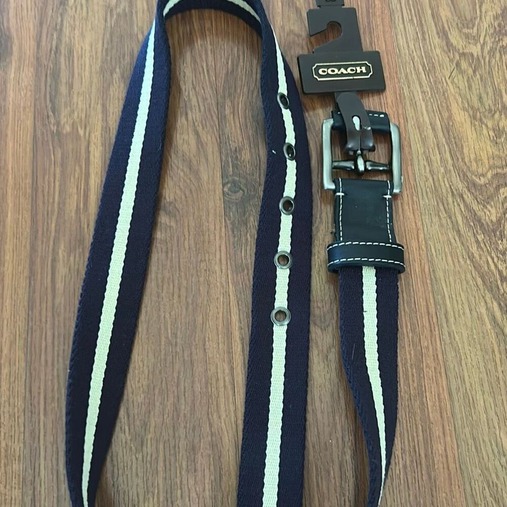 NWT Coach belt mens navy beige leather size 32